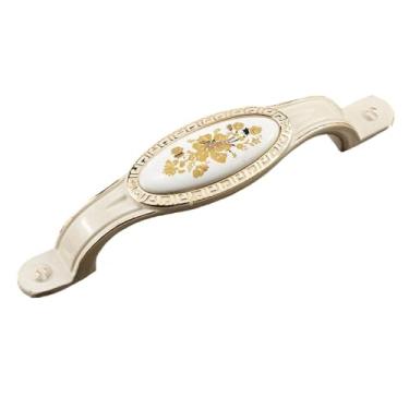 Imagem de Puxadores de porta de guarda-roupa vintage antigos, liga de zinco, cerâmica, puxadores de gaveta, estilo, puxadores de móveis, ferragens, flor dourada 96 mm