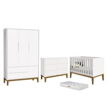Imagem de Dormitório Completo Infantil Classic 3 Portas, Cômoda 6 Gavetas, Berço com Pés Amadeirado e Colchão D18 - Reller Móveis Branco Fosco
