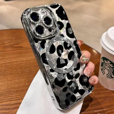 Imagem de ZinLyuen Capa para iPhone 14 Pro com glitter magnético compatível com MagSafe Diamond Leopard Cheetah Print Capa de telefone para iPhone 14 Pro, prata