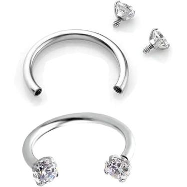 Imagem de Vurotry Anel de nariz em ferradura de aço inoxidável para mulheres, 2 peças de anéis de nariz de pino duplo prata 16G zircônia cúbica transparente sapato de cavalo anel de nariz Daith hipoalergênico