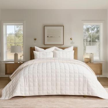 Imagem de EVERGRACE Conjunto De 3 Peças De Colcha De Veludo Luxuosa Tamanho Queen, Colcha Ultramacia, Edredom De Veludo Leve Com Costura Dupla Para Todas As Estações Com 2 Fronhas, Creme Branco, 92" X 96"