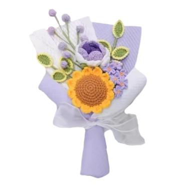 Imagem de Buquê de flores de crochê, roxo feito à mão, flores tricotadas de crochê, girassol, rosa, buquê de flores de tricô completo, presente para aniversário, formatura, casamento, aniversário, decoração de