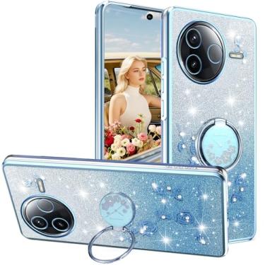 Imagem de Ephoou Capa para Xiaomi Poco F7 Pro/Redmi K80 com suporte de anel, flores brilhantes brilhantes com design floral de glitter TPU transparente macio para Xiaomi Poco F7 Pro HSF-azul