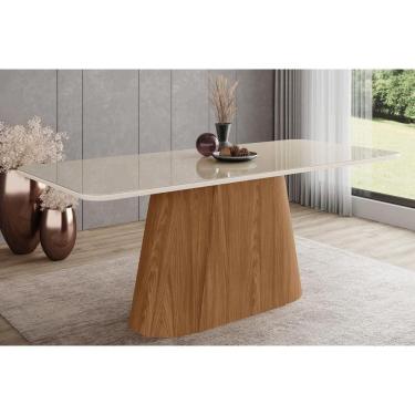 Imagem de Mesa de Sala Jantar Olivia SC121 c/ Tampo Madeirado c/ Vidro Curvo 200x90cm Nature/Off White - Henn
