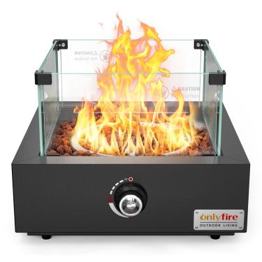 Imagem de Onlyfire Lareira a gás de mesa com proteção contra vento de vidro e pedras de lava, lareira portátil sem fumaça ao ar livre, fogueira de propano montada na lateral para festa de fogueira de pátio