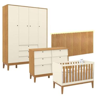 Imagem de Quarto de Bebê Unique 4 Portas com Cômoda 6 Gavetas e Painel Farm com Led Off White Freijó Eco Wood - Matic