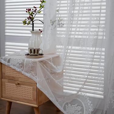 Imagem de LOHUT Cortinas de renda branca para sala de estar, 153 cm de comprimento, conjunto de 2 painéis, transparente boho com renda floral, floral vintage, cortinas transparentes de 163 cm de comprimento