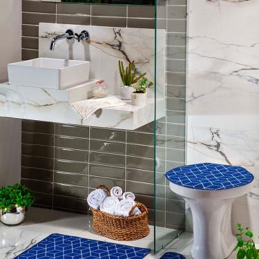 Imagem de Kit Tapete Banheiro 3 Peças Azul Cubo Pratik