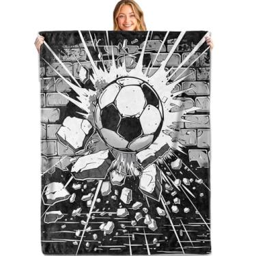 Imagem de MIEPOS Cobertor de bola de futebol em quadrinhos, 127 x 152 cm, flanela macia e leve, cobertores de parede pretos e brancos, para decoração de sala de estar em casa