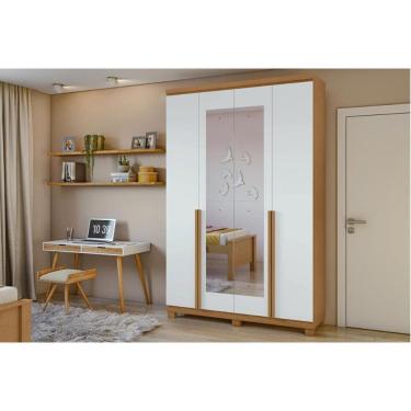 Imagem de Guarda Roupa Solteiro 4 Portas (2 c/ Espelho) e 2 Gavetas c/ Pés Alonzo Amêndoa/Branco - Lopas