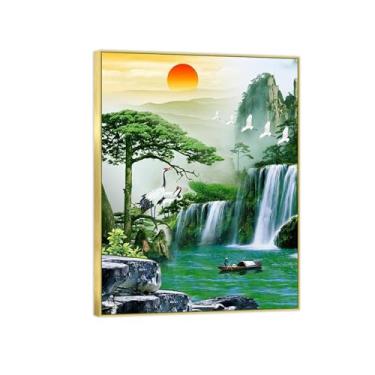 Imagem de BMZFYBS Paisagem em tela - imagem de arte de parede natural - Montanha cachoeira árvore guindaste - pintura chinoiserie para sala de estar decoração de casa moldura dourada 60x80cm24x31in