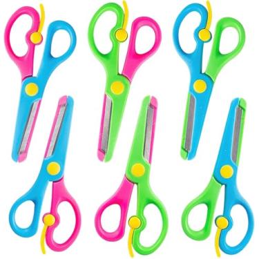 Imagem de LOVESTOWN Tesoura infantil, 6 tesouras de segurança de ponta cega para escola com aderência confortável e lâminas de aço, design anti-beliscar para corte de papel infantil em sala de aula, embrulho de