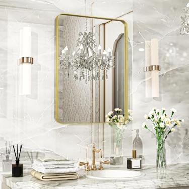 Imagem de Fun Memories Espelho de banheiro dourado 50 x 71 cm, espelho grande com moldura dourada de metal, espelho de parede moderno para banheiro, vidro temperado, espelho de fazenda, horizontal ou