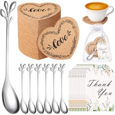 Imagem de Yiyiring Pacote com 100 lembrancinhas de chá de chá para convidados de casamento, 25 porta-copos de cortiça, 25 colheres de chá de folhas, 25 cartões de agradecimento com bolsa de organza, presente de