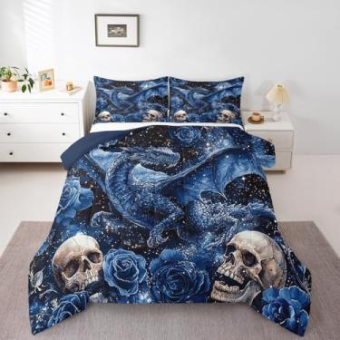 Imagem de Erosebridal Conjunto de edredom queen com dragão misterioso, para crianças, meninos, meninas, céu estrelado, preto, espaço sideral, caveira, gótico, azul, romântico, floral, decoração de quarto