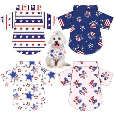 Imagem de Weewooday 4 camisetas para cães com bandeira americana 4 de julho, fantasia patriótica, listras, estrelas, bandeira americana, roupas para animais de estimação, colete respirável de verão (pequeno)