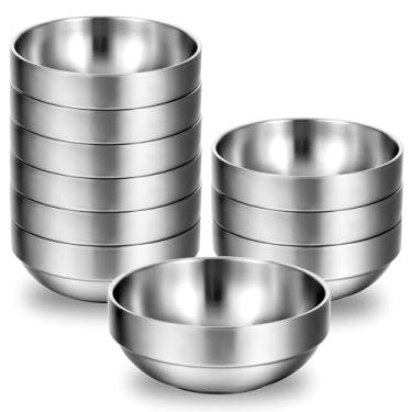 Imagem de MAQUITA Pacote com 10 tigelas de aço inoxidável, lanches de 11 cm, tigelas de salada leves de 283 g, pratos de metal de parede dupla para molhos, arroz, macarrão, sorvete