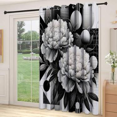 Imagem de Divisória de parede de cortina divisória de quarto preto e branco, flores de peônia em estampa de motivos geométricos modernos de meados do século, para quarto, jardim de infância, sala de estar, L