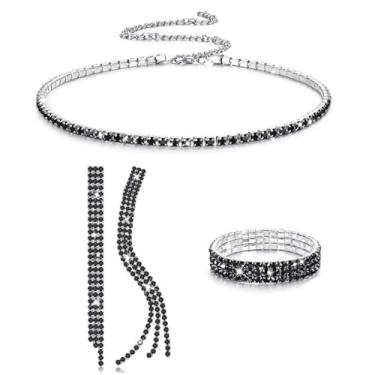 Imagem de 3 peças de brincos pendentes de corrente de borla de strass conjunto de joias de casamento para mulheres nupcial cristal franja declaração gota brinco CZ gargantilha correntes brilhantes joias