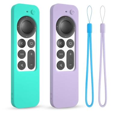 Imagem de Capa de silicone para Apple TV Siri Remote 2021 2022 2023 capa protetora para Apple 4k/hd tv controle remoto antimanga com cordão (2ª/3ª geração) (menta + roxo claro)