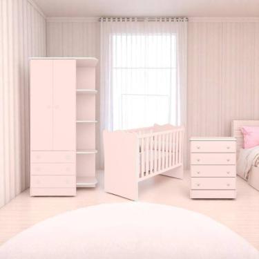 Imagem de Conjunto Infantil Doce Sonho Rosa Acetinado: Berço Doce Sonho + Kit Rodízios Cômoda Doce Sonho Guarda-Roupa Doce Sonho