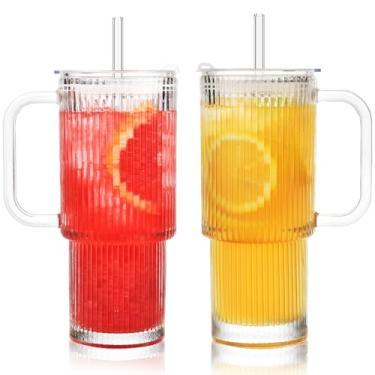 Imagem de ALINK Copo de vidro canelado de 737 g com tampa e canudo, 2 pacotes de xícaras grandes de café gelado ondulado com canudos, copo de viagem de vidro estético para bebidas quentes e frias, vitaminas