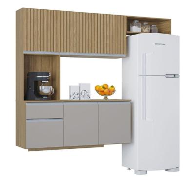 Imagem de Kit Cozinha Suspensa Mel Com Balcão 180cm Poquema Móveis Damasco / Ripado / Offwhite