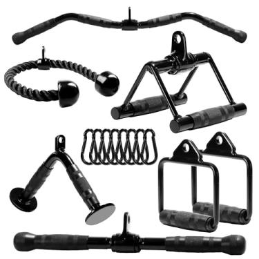 Imagem de Yes4All Conjunto de 7 acessórios para máquina de cabos pretos com corda tríceps, alças de exercícios, barra em forma de V, barra suspensa Curl LAT e barra reta giratória