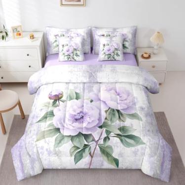 Imagem de Erosebridal Conjunto de cama casal de 7 peças com estampa abstrata de flores em aquarela com estampa de peônia, casa de fazenda rústica, conjunto de edredom com lençol ombré, violeta, cinza, branco