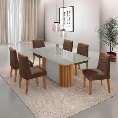 Imagem de Mesa Jantar Aspen Tampo MDF Vidro 6 Cadeiras Eloise Moderna Veludo Marrom Off White