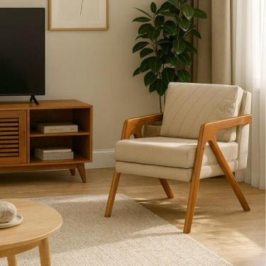 Imagem de Poltrona Mona Luxo Onix Madeira Maciça Tecido Linho Bege - HOME NOBRE,