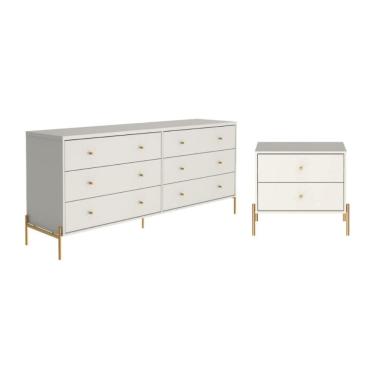 Imagem de Cômoda 6 Gavetas Mesa de Cabeceira Jasper Off White Dourado