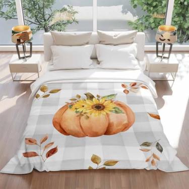 Imagem de Cobertor de outono laranja abóbora girassol cobertores quentes e aconchegantes, leve e macio para sofá, cama, planta, folha de fazenda, cobertor xadrez cinza para mulheres, meninas, meninos
