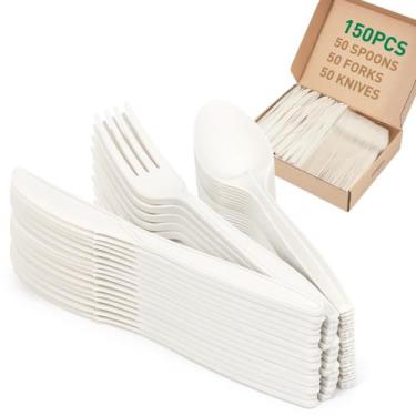 Imagem de Conjunto de talheres FEHHTO 100% compostável, 150 unidades (50 garfos,