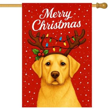 Imagem de BlissYard Merry Christmas Bandeira de jardim labrador retriever chifres de rena 71 x 101 cm bandeiras de quintal grandes de boas-vindas dupla face para amantes de cães varanda casa ao ar livre férias