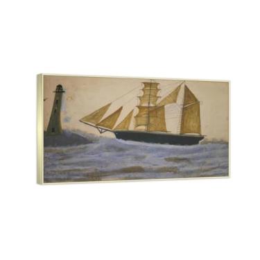 Imagem de RYLJCZ Reproduções de pinturas famosas de Alfred Wallis-(Two-Masted Ship) Impressões em tela - quadros decorativos para sala de estar 60 x 100 cm (23,7 x 39,4 in Molduras de champanhe