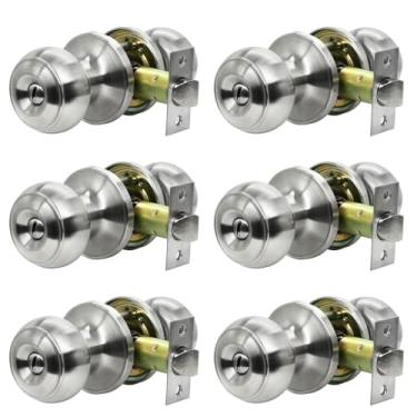 Imagem de Maçanetas de privacidade, 6 maçanetas redondas sem chave de níquel escovado para quarto/banheiro, função de privacidade