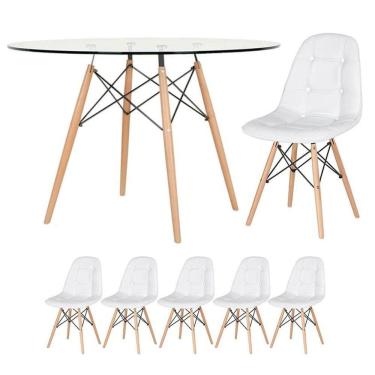 Imagem de Mesa Eames Com Tampo De Vidro 120 Cm + 5 Cadeiras Estofadas Eiffel Botonê Branco