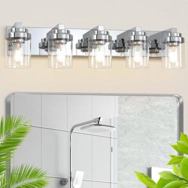 Imagem de DIKAIDA Luminárias de banheiro, luzes de banheiro de 5 luzes sobre o espelho, luzes cromadas polidas com sombra de vidro, arandela de parede moderna de 78,7 cm para armário varanda quarto, corredor