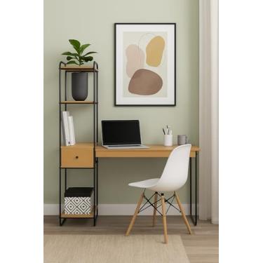 Imagem de Escrivaninha Home Office com Prateleira Torre 1 Gaveta Escritório Notebook Estilo Industrial Criare (Nature com Preto)