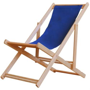 Imagem de Espreguiçadeira 118,5cm Dobrável Camping - Sem Braço, Madeira Maciça Natural, Tecido Azul Marinho