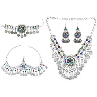 Imagem de Colar De Borla De Moeda Brincos Pulseira Cintura Barriga Conjuntos De Corrente Boho Turco Tribal Festa Jóias, S-03