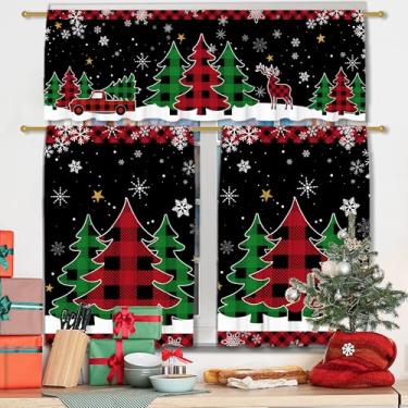Imagem de Cortinas de cozinha de Natal para janelas, árvores de Natal, decoração de cozinha, conjunto de cortinas e sanefas, casa de fazenda, bolso para varão, árvore de inverno, xadrez, 2 painéis (68,5 x 91,4
