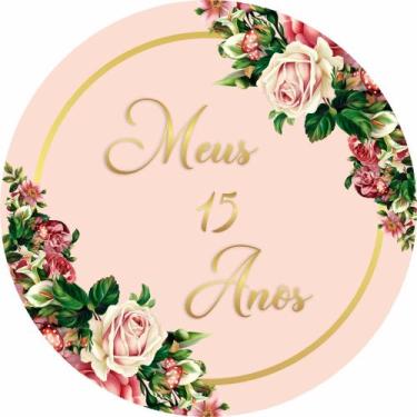 Imagem de Painel de Lona Redondo Meus 15 Anos Flores Vintage Dourado - Fabrika D