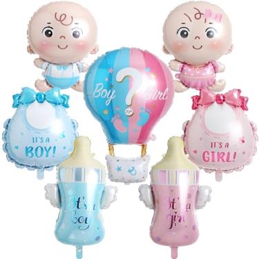 Imagem de SESENSE Decorações de revelação de gênero, conjunto de balões de revelação de gênero para bebês e meninas inclui balões de alumínio rosa e azul para decorações de chá de bebê, suprimentos de festa de