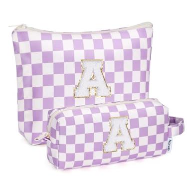 Imagem de Narwey Bolsa de maquiagem com inicial personalizada, 2 peças, xadrez, presentes de aniversário, presentes para meninas, coisas modernas, 6, 8, 10, 11, 12, 13, 14, 16, 18 anos, bolsa de higiene pessoal