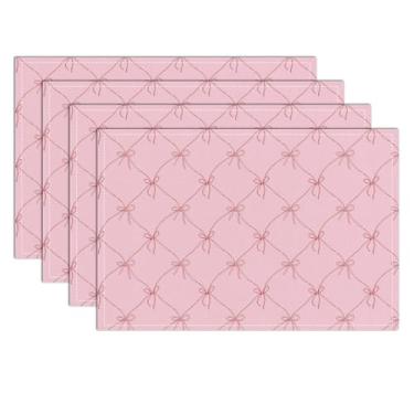 Imagem de Conjunto de 4 jogos americanos com laço rosa, tapetes de mesa de tecido de linho lavável e resistente ao calor, antiderrapante para mesa de cozinha, festa de casamento, decoração interna/externa, 30 x