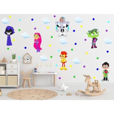 Imagem de adesivo de parede jovens titãs decoração infantil com desenhos de heró