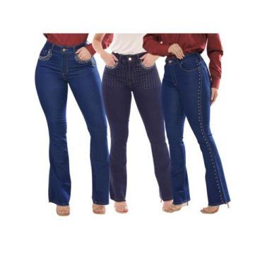 Imagem de KIT Feminino 3 Peças -Calça Flare Jeans Escuro com Pocket Strass, com 