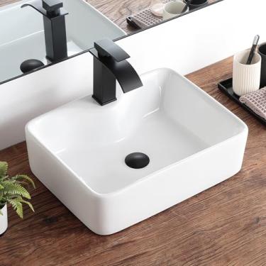 Imagem de KDKSC Pia de vaso de banheiro 48 cm x 38 cm retangular branca com orifício de torneira porcelana cerâmica moderna acima do balcão pias de toucador